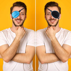 Close-up of blue and black silk eye patch showing soft silk material