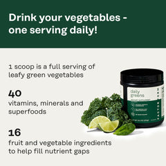 Close-up of Factor Form Daily Greens ingredients and packaging