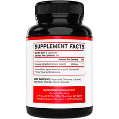Label on Fadogia Agrestis 600mg extract bottle