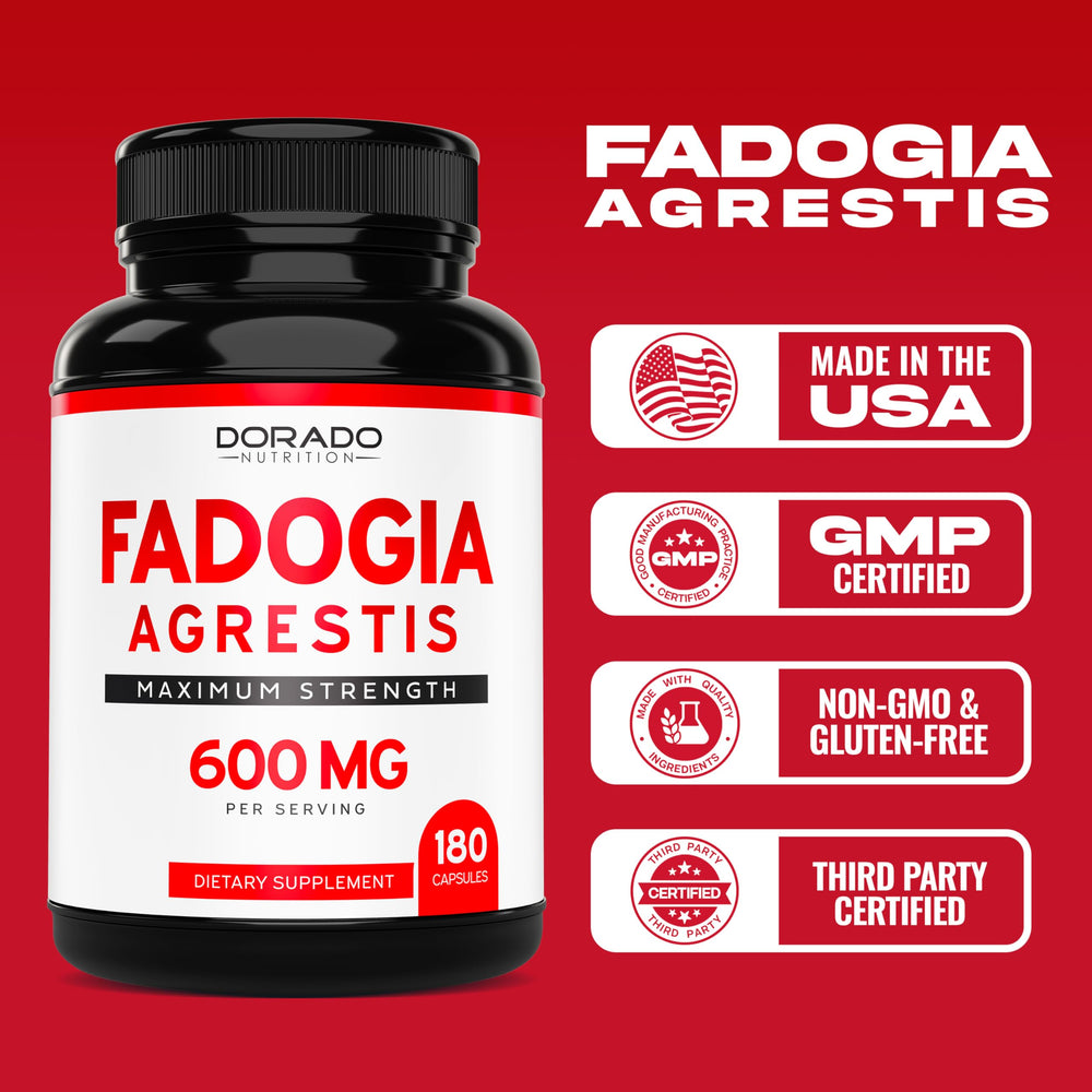 Third-party testing and GMP facility logos for Fadogia Agrestis product