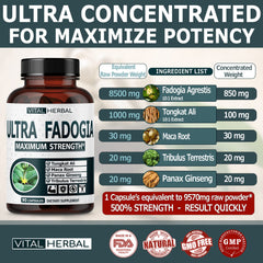 Close-up of the herbal blend ingredients including Fadogia Agrestis, Tongkat Ali, Maca, Panax Ginseng, and Tribulus