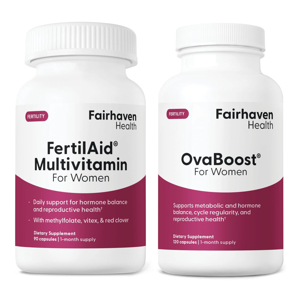 Fairhaven Health FertilAid and Ovaboost front packaging showing combo benefits
