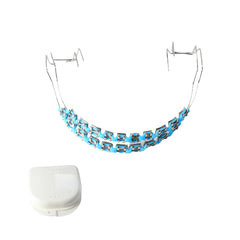 Front view of light blue fake braces kit for dental education