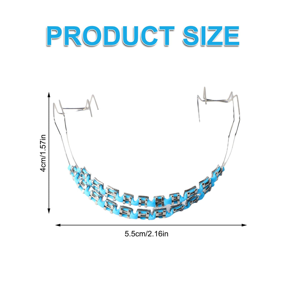 Side view of light blue fake braces attached to a dental model