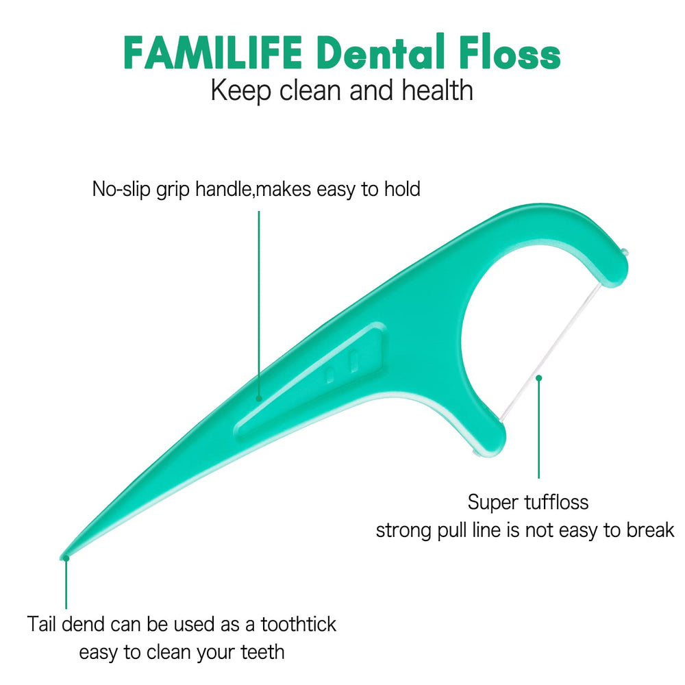 Mint floss picks with floss between teeth
