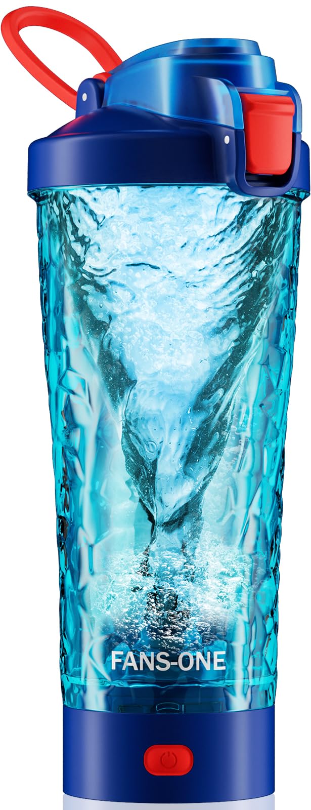 FANS-ONE electric protein shaker bottle blue front view showcases leak-proof design for gym bags.