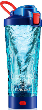 FANS-ONE electric protein shaker bottle blue front view showcases leak-proof design for gym bags.