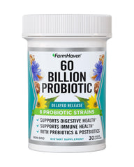 FarmHaven 60 Billion CFU probiotic bottle front view with 30 capsules