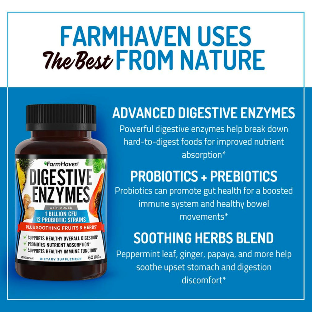 Made in USA badge on FarmHaven Digestive Enzymes bottle