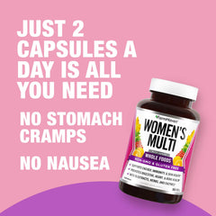 Close-up of FarmHaven multivitamin bottle and capsules