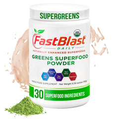 Front view of FastBlast Organic Super Greens Powder canister (180g)