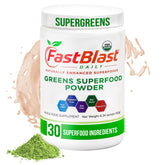 Front view of FastBlast Organic Super Greens Powder 180g container