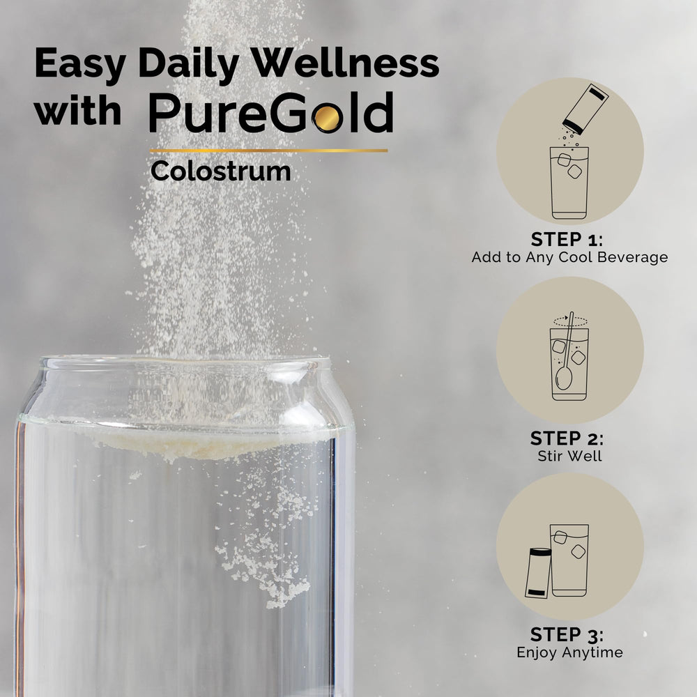 Pouring colostrum powder into a glass
