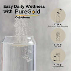 Pouring colostrum powder into a glass