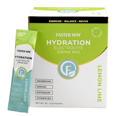 Faster Way front packaging showing 30 lemon lime packets and product value