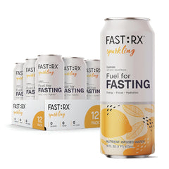 FAST:RX fastrx meyer lemon sparkling bottle foregrounds zero-calorie hydration with electrolytes.