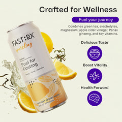 FAST:RX fastrx meyer lemon sparkling ingredient panel reveals magnesium, green tea, and ginseng for focus.