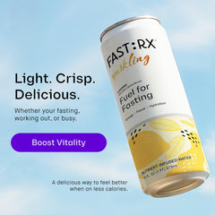 FAST:RX fastrx meyer lemon sparkling packaging emphasizes a convenient 12-pack for on-the-go hydration.