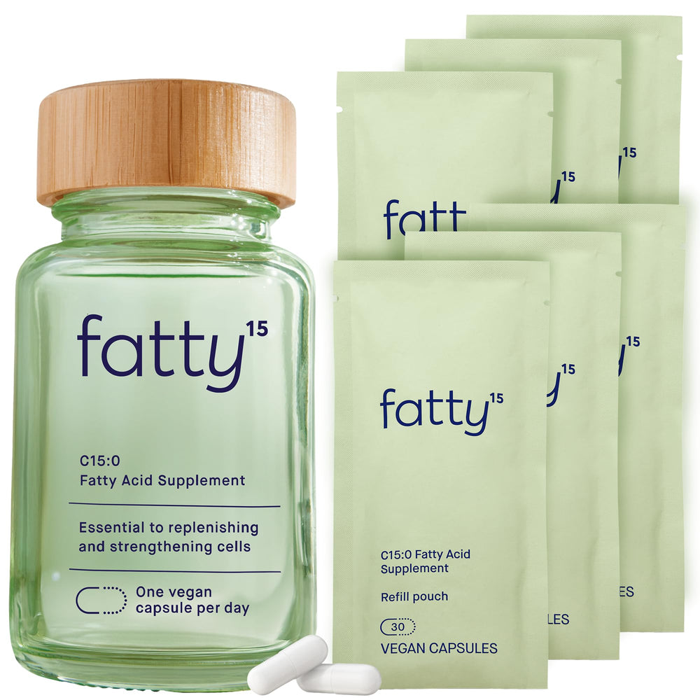 Front view of Fatty15 C15:0 Pentadecanoic Acid supplement bottle with label showing 180 vegan capsules