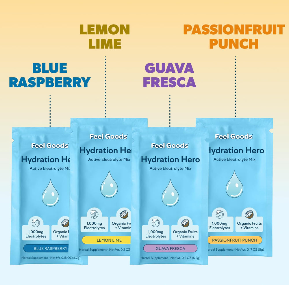 Feel Goods Hydration Hero passion-fruit-punch sachet for an energizing post-workout boost.