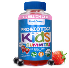 Bottle of Feel Great USDA Organic Kids Probiotics Gummies with strawberry flavor