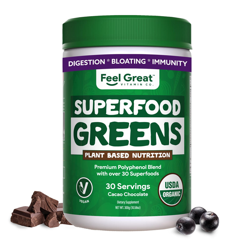 Hero image of Feel Great Organic Superfood Greens Powder in Cocoa Chocolate flavor, 30 servings