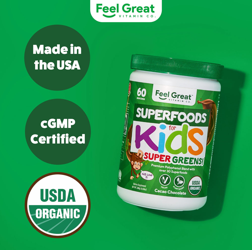 US-made, cGMP facility badge and natural ingredients for Feel Great Greens
