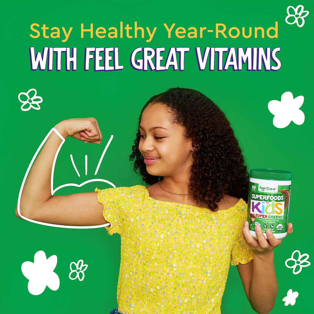 60 days supply packaging of Feel Great Greens Powder for Kids