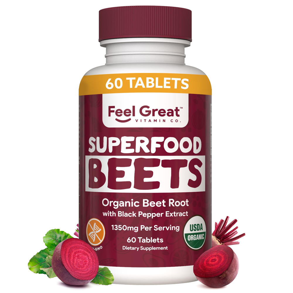Feel Great Vitamins beet root tablets bottle offers natural energy support for daily use.
