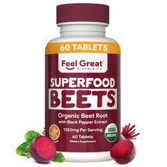 Feel Great Vitamins beet root tablets bottle offers natural energy support for daily use.