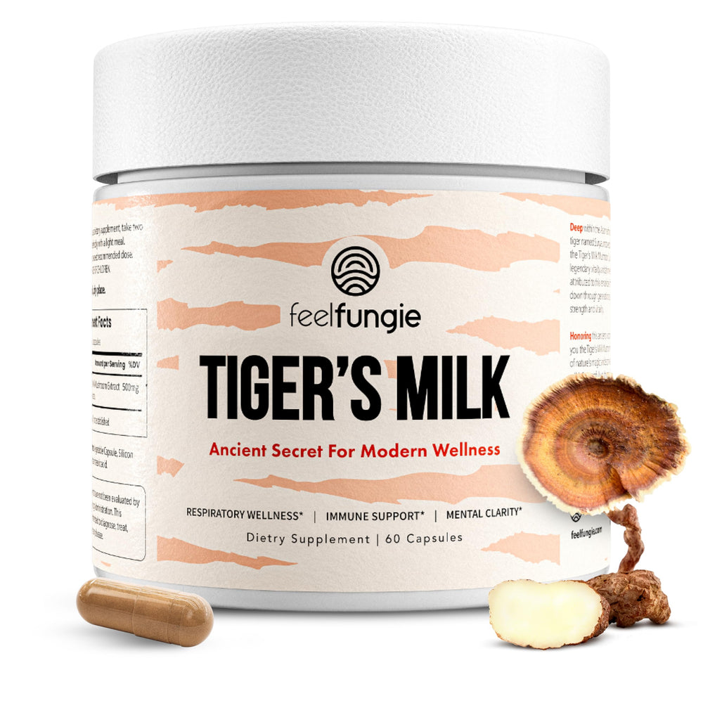 FeelFungie Tiger Milk Mushroom supplement bottle on white background