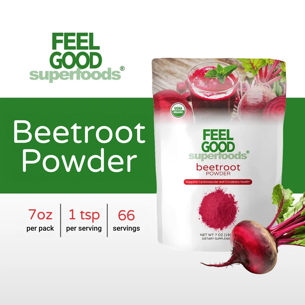 FeelGood beetroot powder being poured into a glass for quick, on-the-go nutrition