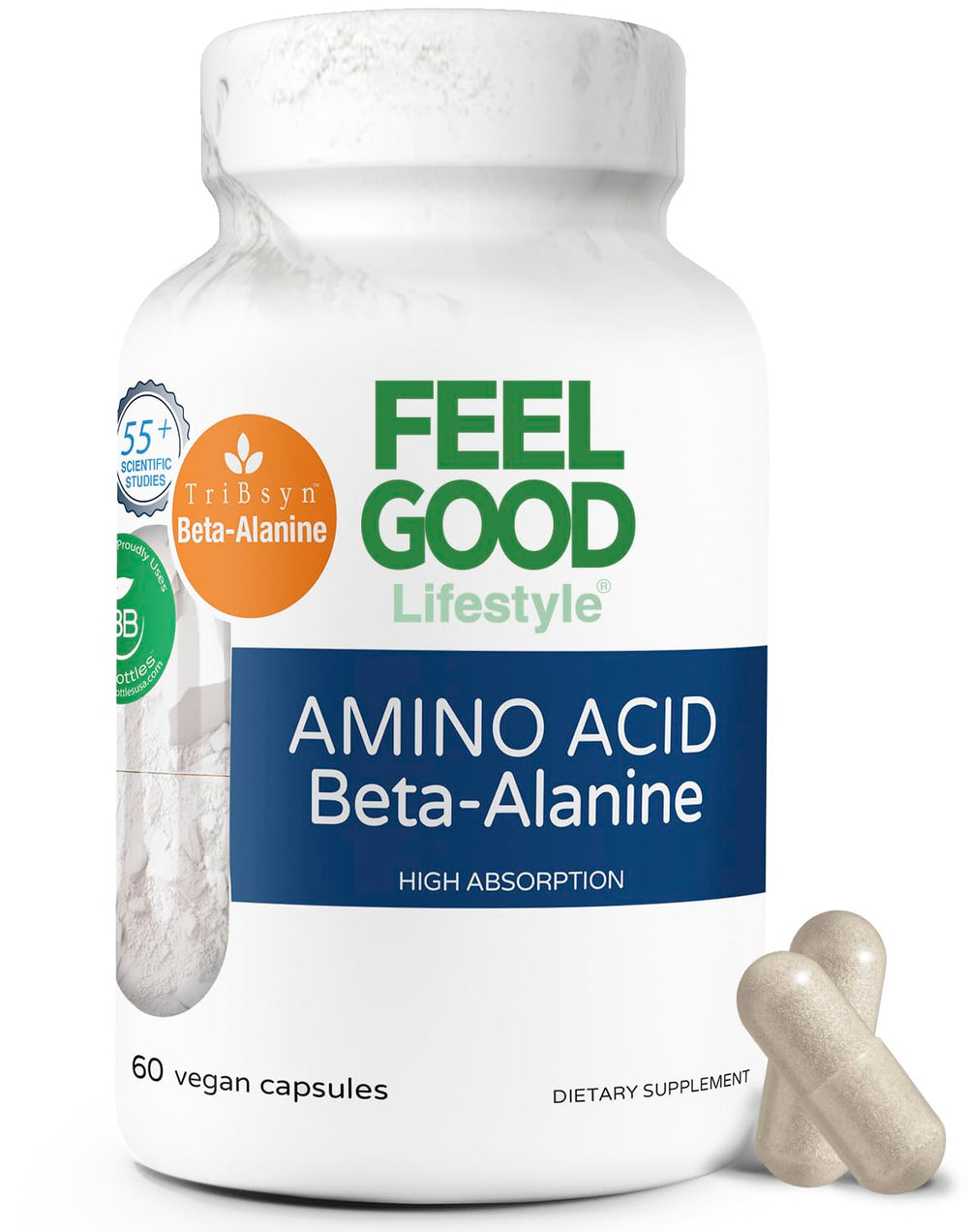 FeelGood Beta-Alanine Capsules bottle front highlighting high absorption and endurance support.