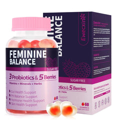 Bottle and packaging of Feminine Balance Gummies showing 60 dual-layer core gummies