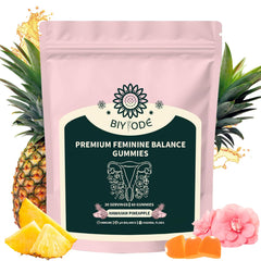 Product bottle labeled Feminine Balance Gummies with Hawaiian Pineapple flavor
