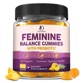 Bottle of Feminine Balance Probiotic Gummies for Women on a white background