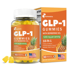 Femmetra GLP-1 gummies bottle showing pineapple flavor for daily metabolic support