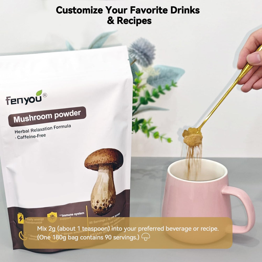 Measuring spoon scooping FENYOU Mushroom Powder