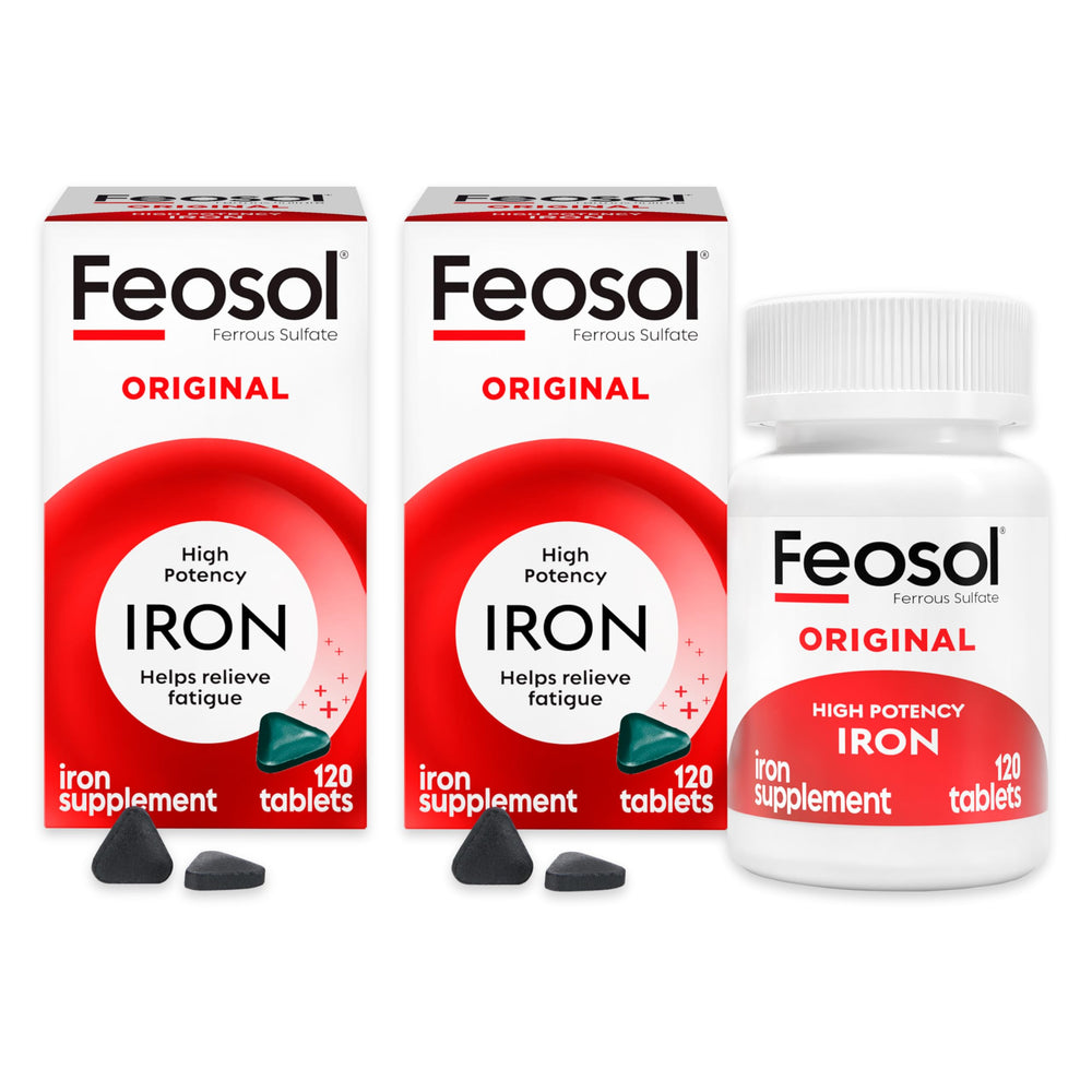 Feosol Original 120-count iron supplement pack on the label