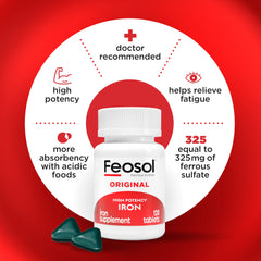 Feosol Original bottle label highlighting 65 mg elemental iron per tablet