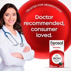 Person taking Feosol Original iron tablet with water
