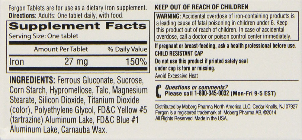 Close-up of Fergon iron supplement tablet bottle