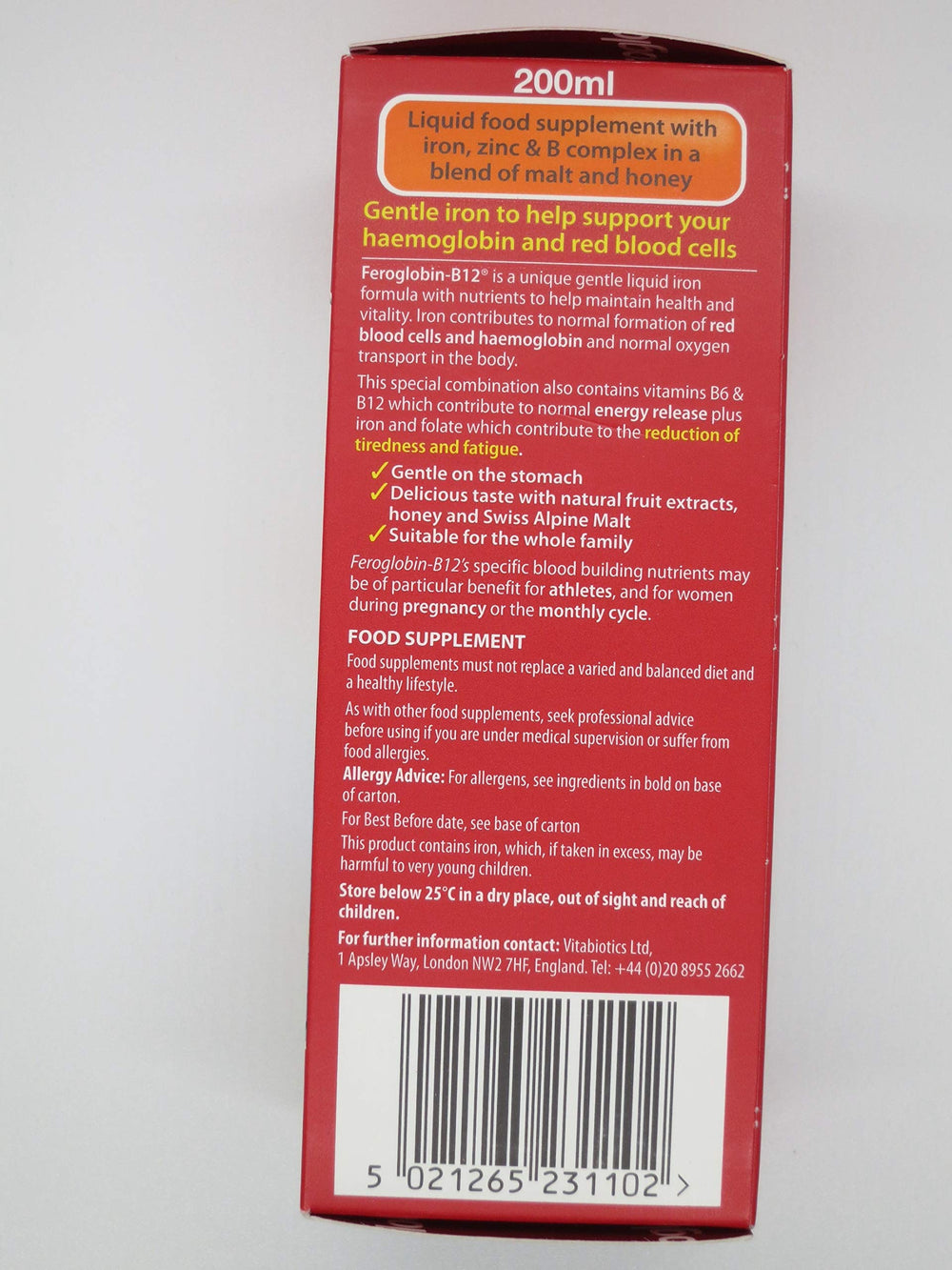 Feroglobin 200ml bottle label showing iron and B12