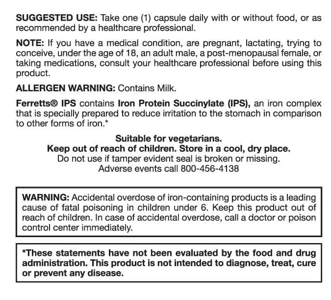 Milk allergen warning on Ferretts Iron IPS product label