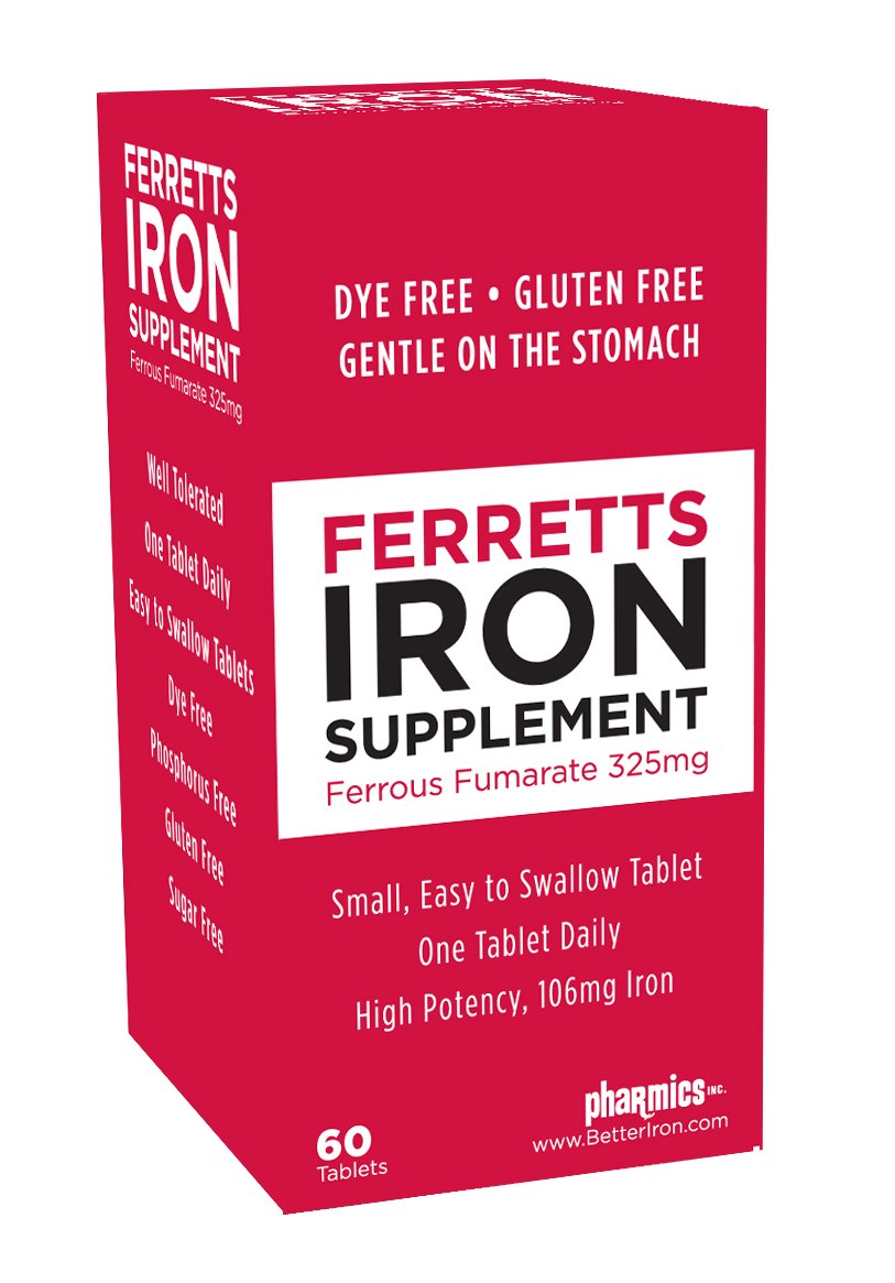 Ferretts Iron Tablets bottle showing a 60-day supply with 106 mg elemental iron from 325 mg ferrous fumarate.