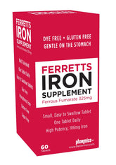 Ferretts Iron Tablets bottle showing a 60-day supply with 106 mg elemental iron from 325 mg ferrous fumarate.
