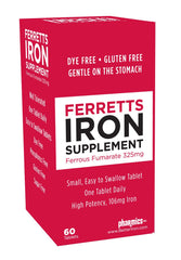 Ferretts Iron Tablets bottle showing a 60-day supply with 106 mg elemental iron from 325 mg ferrous fumarate.