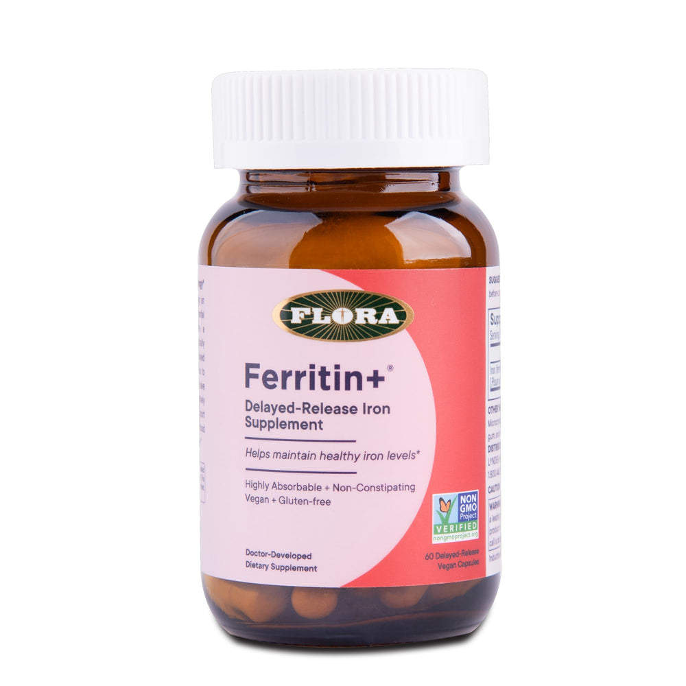 Flora Ferritin+ bottle with capsules