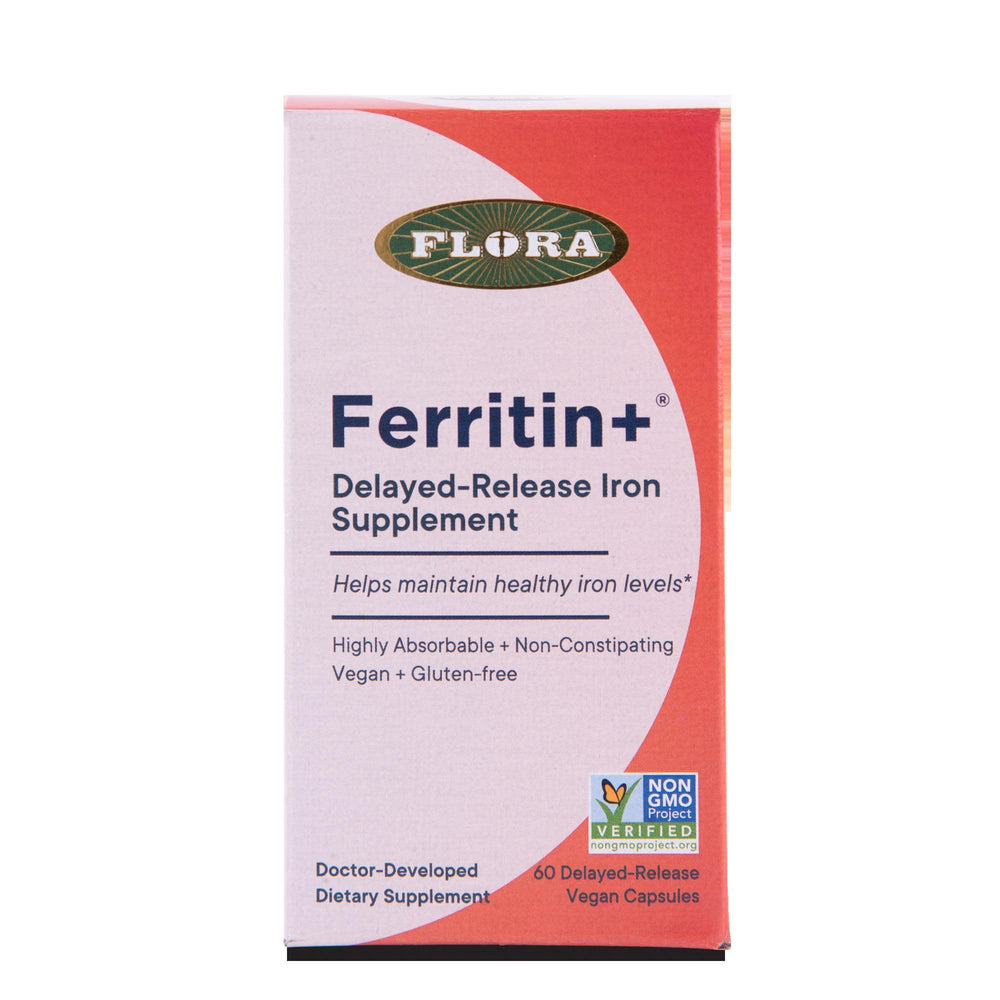 Vegan and gluten-free Ferritin+ packaging in amber glass bottle