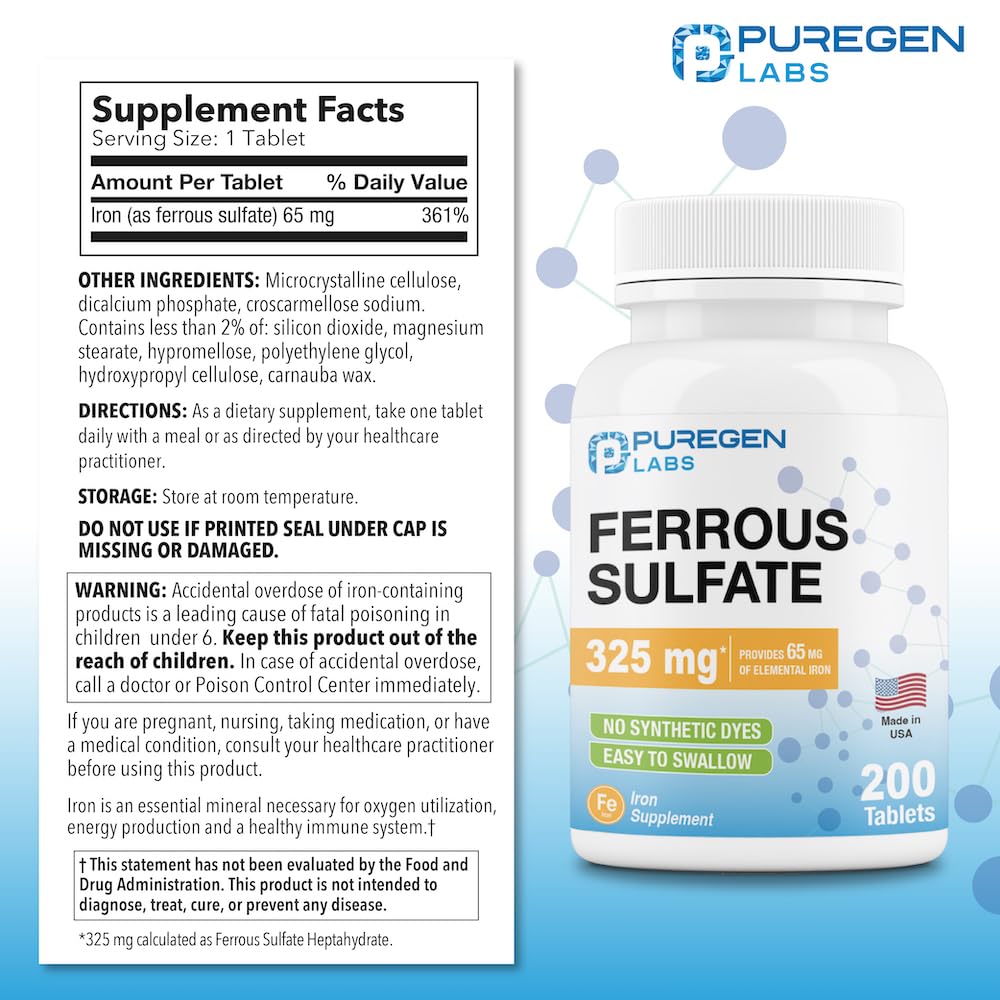 Ferrous sulfate 325 mg tablets providing 65 mg elemental iron per serving